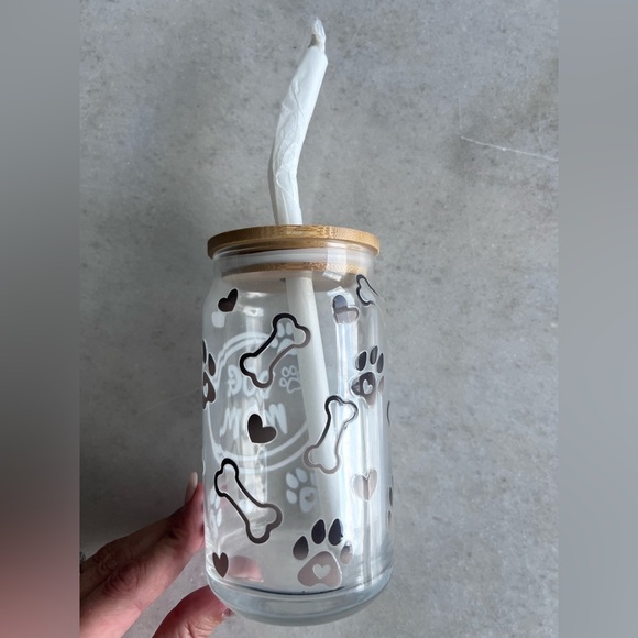 NEW Glass cup and straw with bamboo lid- DOG MOM pattern - Picture 2 of 2